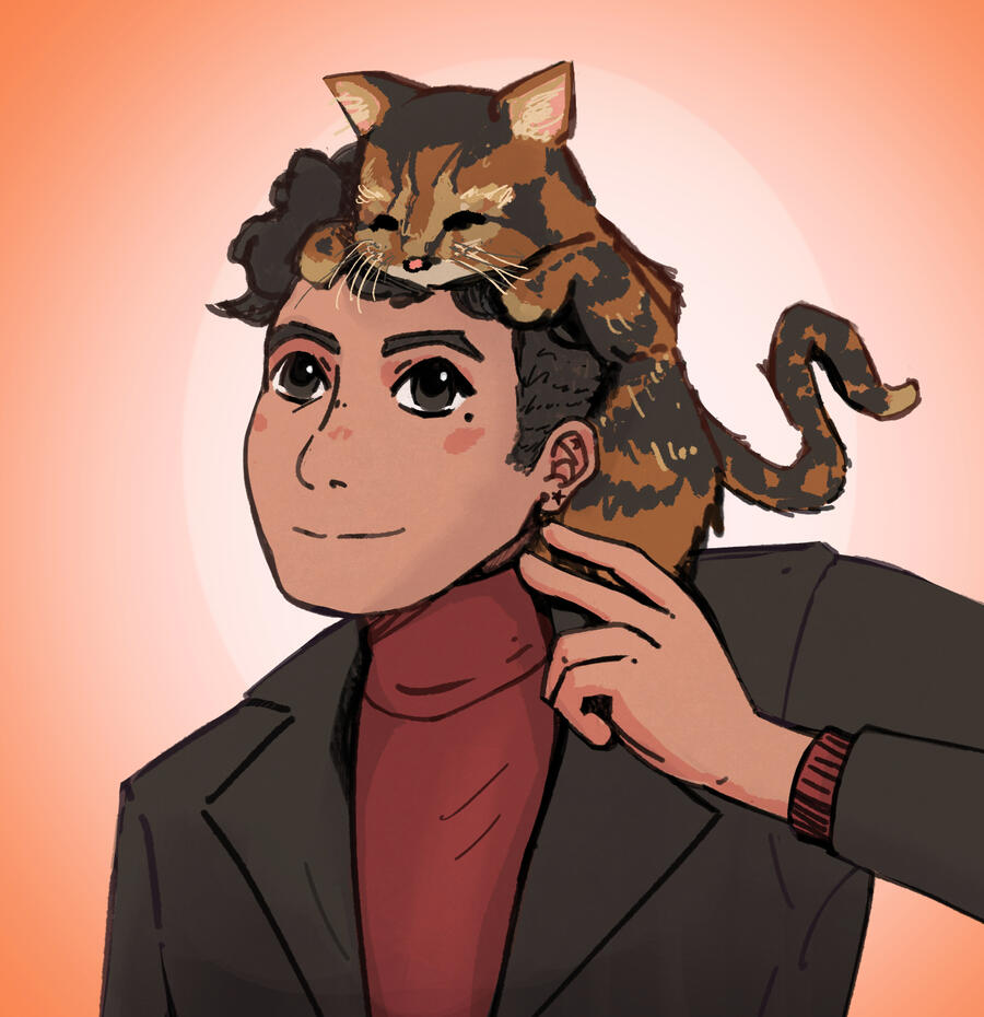 a self portrait done in a cartoony style with my lovely cat Mipha